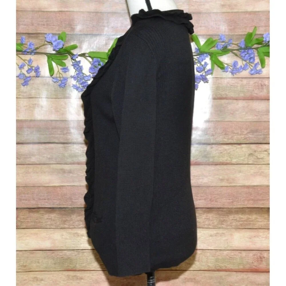 Talbots Black Ruffle Front Button Up V-Neck Ribbed Cardigan Sweater Size L - Picture 4 of 9